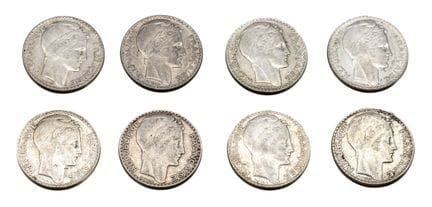 Lote de 8 monedas de plata de 10 francos de Turín,
