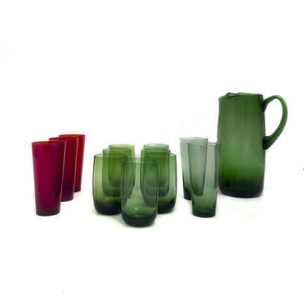 Servizio di aranciate in vetro colorato verde e ro