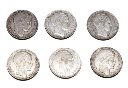 Lote de 6 monedas de plata, de 20 francos de Turín