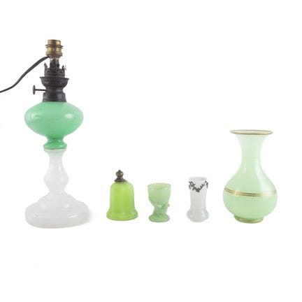 Set of opaline glass pieces in shades of green and