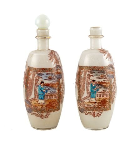 Pair of white opaline bottles with polychrome Japa