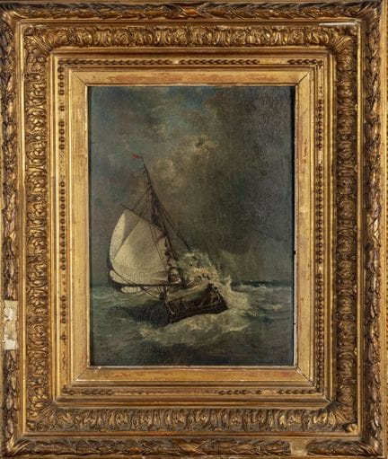19th-CENTURY FRENCH SCHOOL
Boat in a Storm
Oil on 