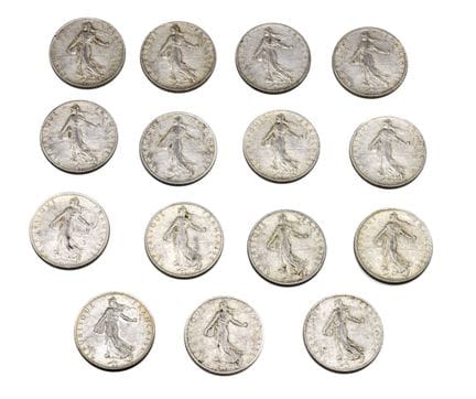 FRANCE 
Lot de 15 pièces de 2 Francs Semeuse en ar