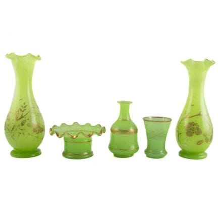 Set of green opaline pieces with gold decoration, 