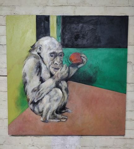 Pintura al óleo sobre tabla de un gorila agazapado