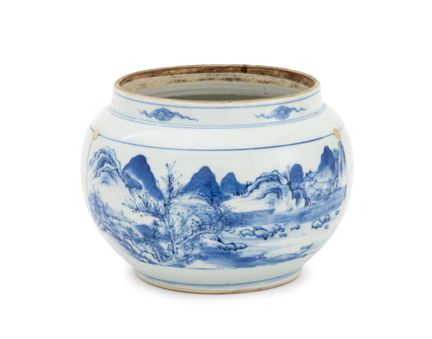 Jarrón esférico de porcelana china azul y blanca, 