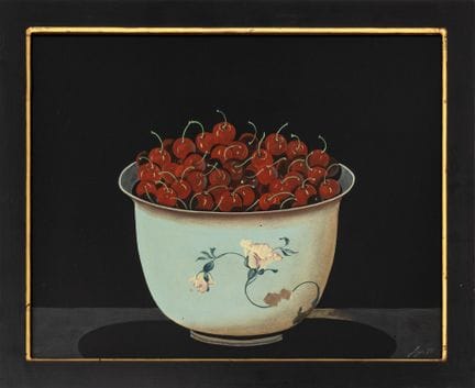 雅克·费格《碗中的樱桃》 木板油画
雅克·费格（法国，生于1940年），《碗中的红樱桃静物》，木板油