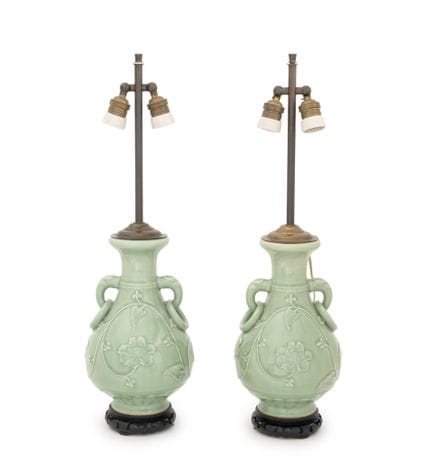 Jarrones chinos de celadón convertidos en lámparas