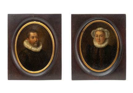 荷兰画派绅士与淑女肖像画，一对
荷兰画派，绅士与淑女肖像画一对，铜板油画，17世纪，木框。 画作尺寸