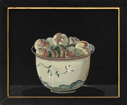 雅克·费格 《碗中的桃子》 木板油画
雅克·费格（法国，生于1940年），《碗中的桃子和樱桃》静物画