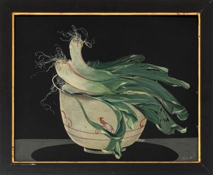 雅克·费格 《韭葱静物》 木板油画
雅克·费格（法国，生于1940年），《碗中的韭葱静物》，木板油画
