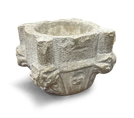 15TH-CENTURY MARBLE CAPITAL, adapted as a mortar.
