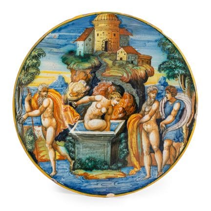 ASSIETTE EN MAJOLIQUE POLYCHROME, FOUR DE PESARO, 