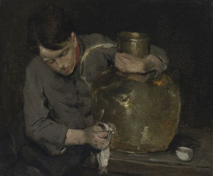 J·奥尔登·韦尔，美国，1852-1919，《打磨黄铜水壶的男孩》，布面油画，25 1/4 x 30