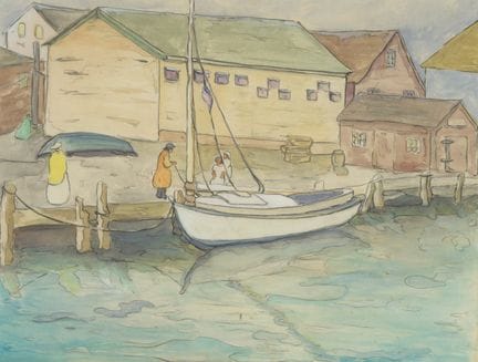简·彼得森（JANE PETERSON），美国，1876-1965年，《海港风景》，纸本蜡笔与水彩，