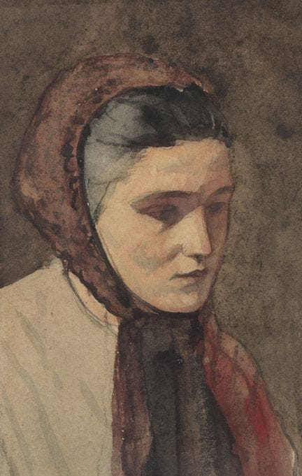 温斯洛·霍默，美国，1836-1910，《女子头像》，纸本水彩，3.81 x 2 1/2 英寸。 （