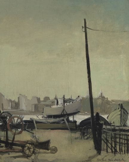 托马斯·波洛克·安舒茨，美国，1851-1912年，《纽约滨水区》，木板油画，16 x 13 英寸 