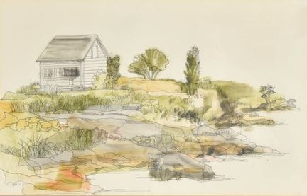 Aquarell und Tinte auf Papier, Küstenlandschaft, 1