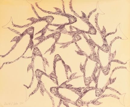 大卫·L·乔斯林（美国，1950-2021）。纸本钢笔墨水画，主题为鲨鱼，1989年。左下角签名并注