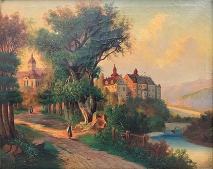 19世纪瑞士画派
《林边散步者》
布面油画，右下角有签名
高：55 厘米；宽：70 厘米
（有破损）