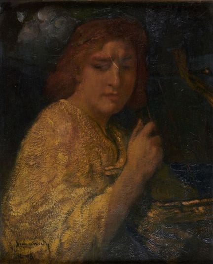 米歇尔·西蒙尼迪（1870-1933）
《弹竖琴的女子》
木板油画，左下角签名，并标注日期“12-0