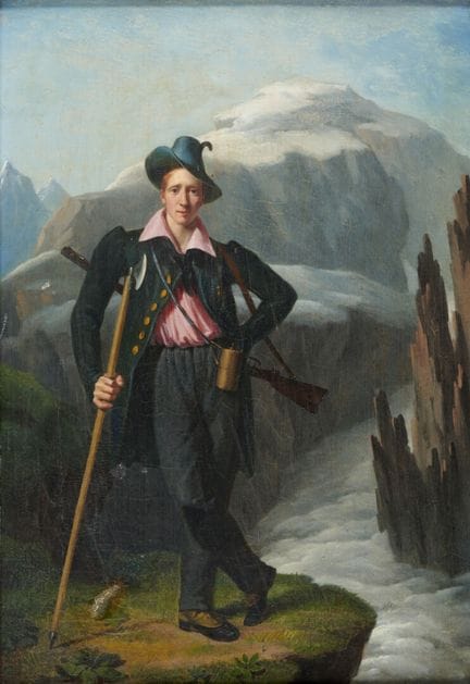 19世纪画派
《阿尔卑斯山徒步者》
布面油画
高：41 厘米；宽：30 厘米
（曾受损，已重新装裱）