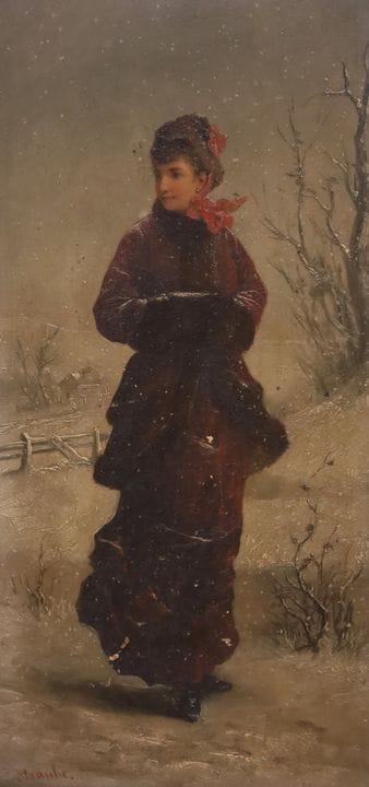 J. STRAUBE (XIX-XX). Woman in a Winter Landscape. 
