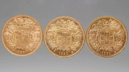 3 monete d'oro. 20 franchi svizzeri. Oro giallo 90
