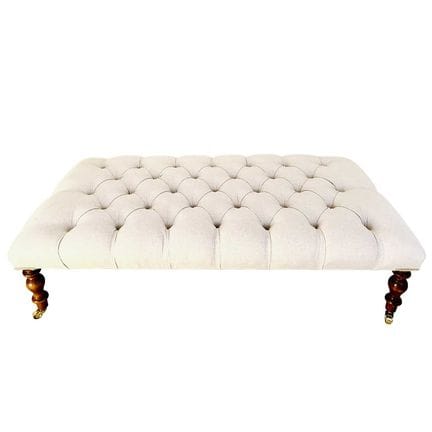 HEARTH STOOL IN BUTTONED NEUTRAL LINEN UPHOLSTERY 