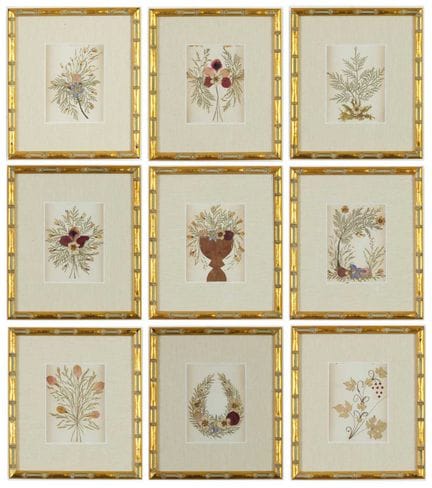 CONJUNTO DE NUEVE FLORES SECAS, ALREDEDOR DE 1920 