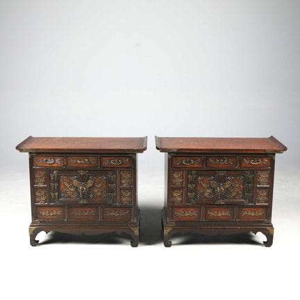 PAIR OF KOREAN LOW SIDE CABINETS (2) 
elm and bras
