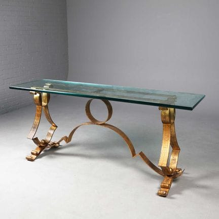 CONSOLE TABLE 
thick glass top on h
eavy-gauge, ha