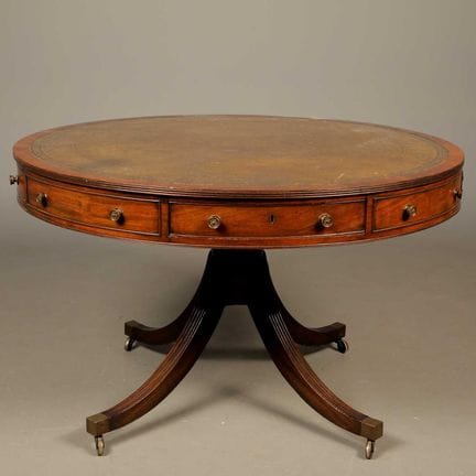 GEORGE III MAHOGANY DRUM TABLE 
circular green lea