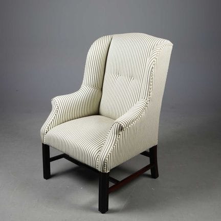 GREEN TICKING WING ARMCHAIR 
111cm H x 76cm W x 78