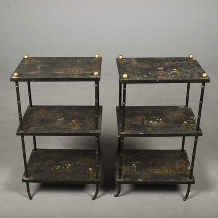 PAIR OF CHINOISERIE STYLE ETAGERE SIDE TABLES 
70c