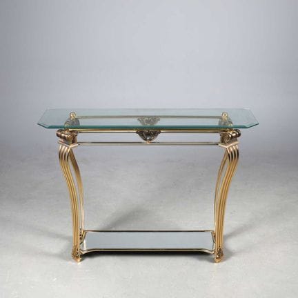 HOLLYWOOD REGENCY STYLE CONSOLE TABLE 
glass top, 