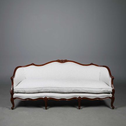 LOUIS XV STYLE CANAPE 
blue and white ticking, 87c