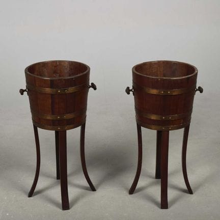 PAIR OF EDWARDIAN COOPERED AND BRASS BOUND JARDINI