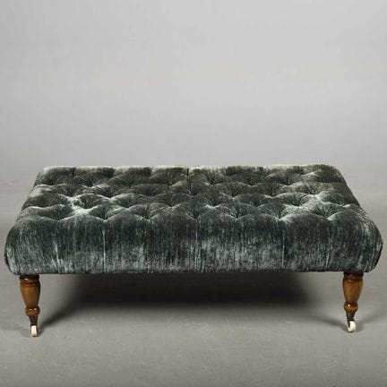 GREEN BUTTONED VELVET STOOL 
on turned legs, 41cm 