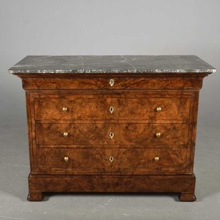 LOUIS PHILIPPE BURR WALNUT COMMODE 
grey marble to