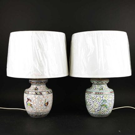 TWO HANDPAINTED TABLE LAMPS (2) 
white glazed on a