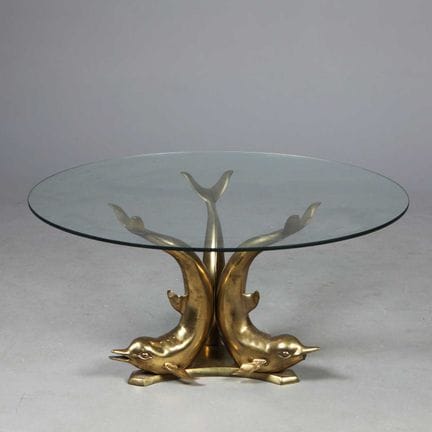 1960s BRASS DOLPHIN BASE COFFEE TABLE 
with a circ