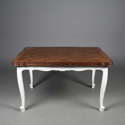 DRAW LEAF TABLE, FRENCH 
with a shaped oak parquet