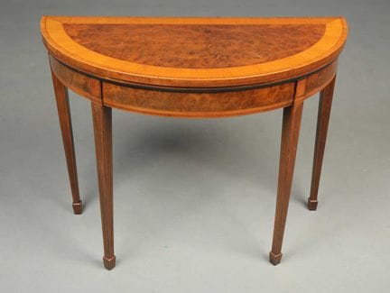 GEORGE III DEMI LUNE CARD TABLE 
burr walnut and s