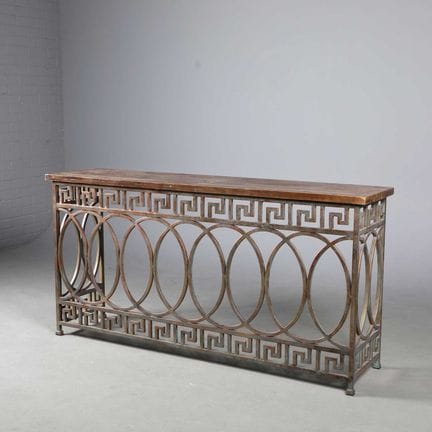 OKA CONSOLE TABLE 
with a wooden top on an antique