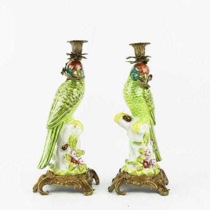 GREEN PARROT CANDELABRA, A PAIR 
ceramic and gilt 