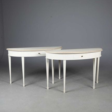 DEMI LUNE CONSOLE TABLES, A PAIR 
gilt accents, ea