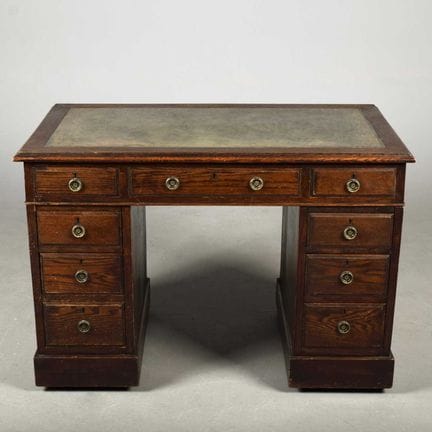 LATE VICTORIAN OAK PEDESTAL DESK 
green leather to