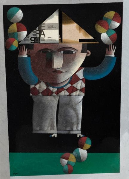 Inos Corradin Equilibrist With Colorful Paper Hat 