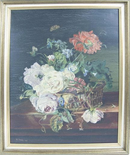 布面油画《玫瑰花束与蝴蝶静物画》，左下角署名 J.Schig 1960，已装裱。整体尺寸：高约 90
